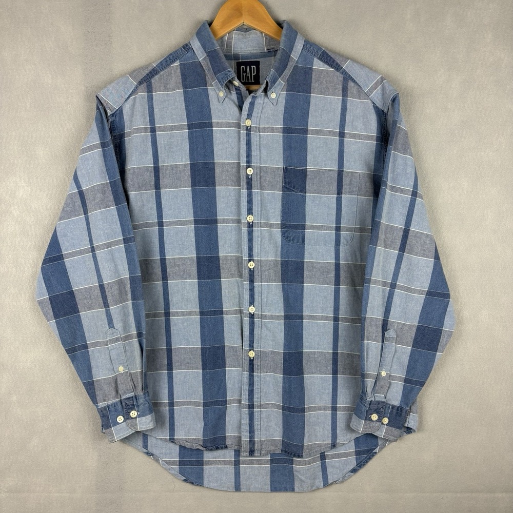 Vintage Gap Chambray Shirt Men’s Large Blue Check Long Sleeve Button Down Denim
